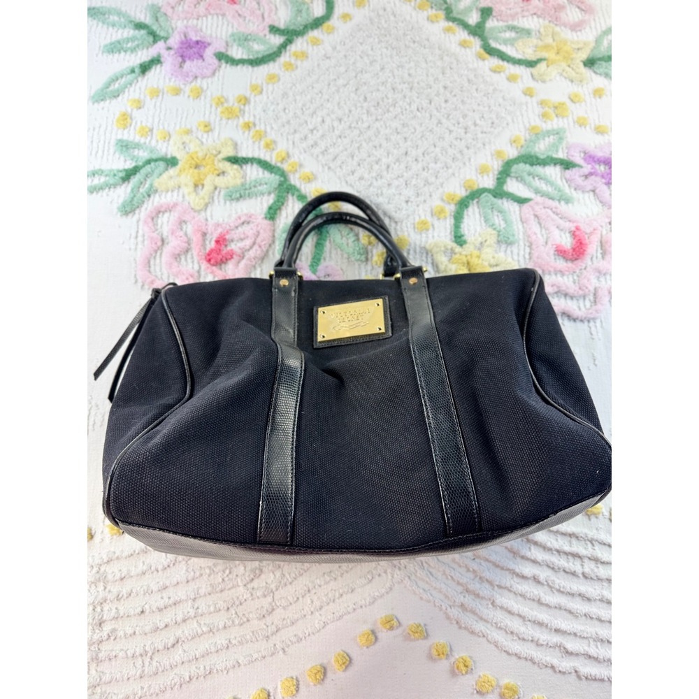 Victorias Secret Black Canvas Duffel Bag Gold Logo Pink Lining Crossbody Satchel - Picture 10 of 10